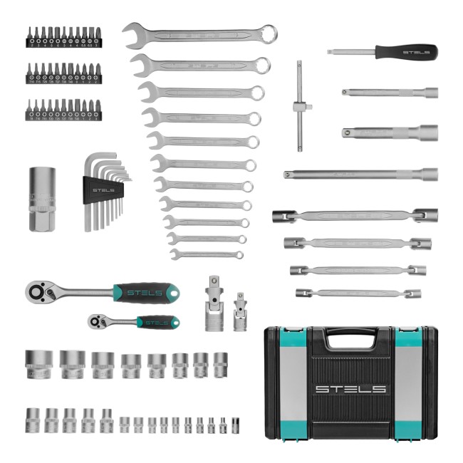 Набор инструментов 1/2", 1/4", CrV 88 предметов Stels Набор инструментов 1/2", 1/4", CrV 88 предметов Stels