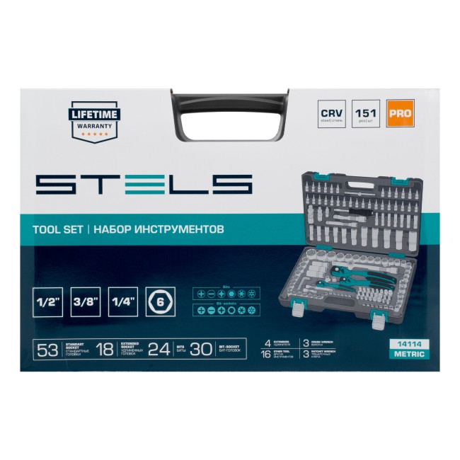 Набор инструментов 1/4", 3/8", 1/2", Cr-V 151 предмет Stels Набор инструментов 1/4", 3/8", 1/2", Cr-V 151 предмет Stels